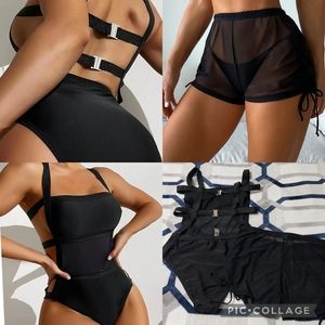 🖤 2 piece Shein Sparkly Glitter Cut-Out Mesh One Piece Swimsuit Shorts Large L